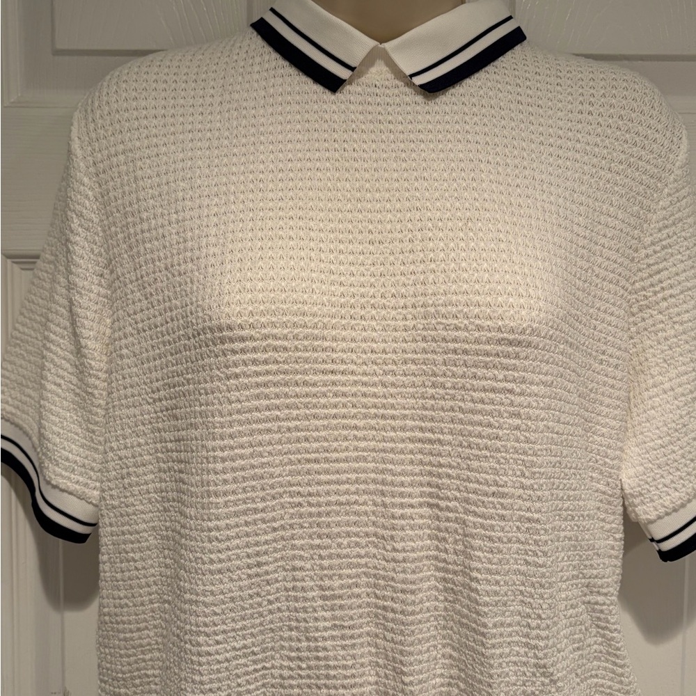 Foray Golf Textured Polo Sweater Top Large White Navy Coastal Preppy Chic